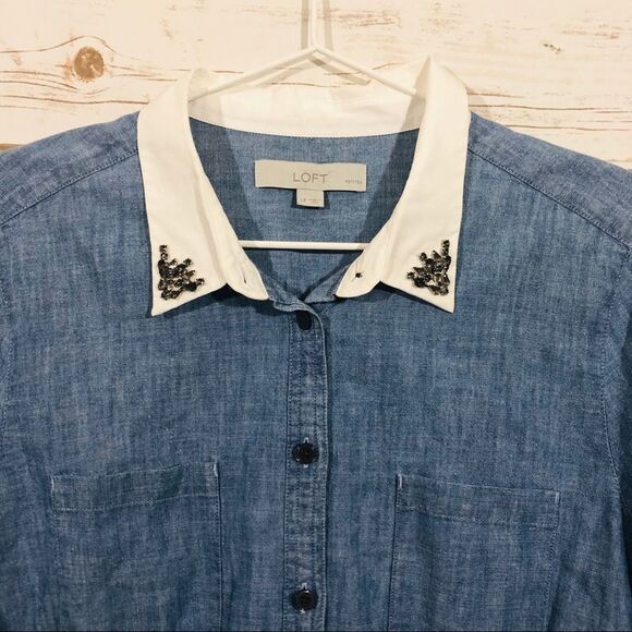 Loft women’s petite L long sleeve denim blouse top - Picture 2 of 6